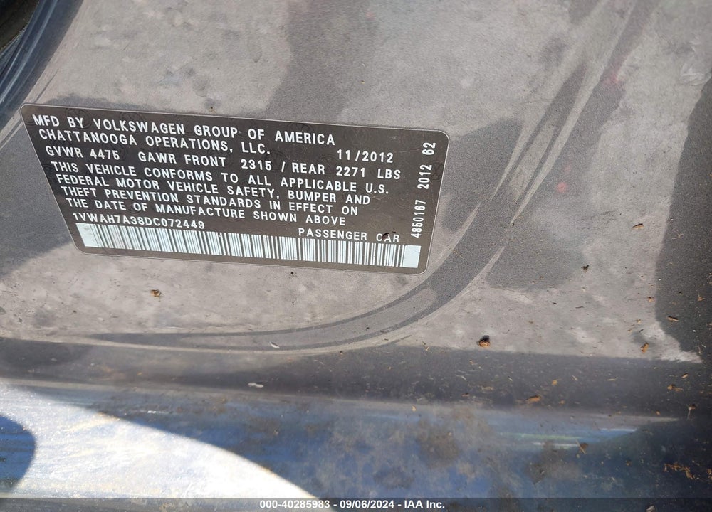 2013 VOLKSWAGEN PASSAT 2.5L S VIN: 1VWAH7A38DC072449