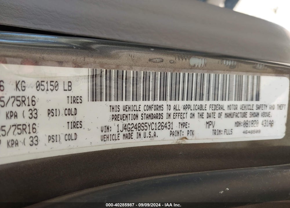 2000 JEEP GRAND CHEROKEE LAREDO VIN: 1J4G248S5YC126431