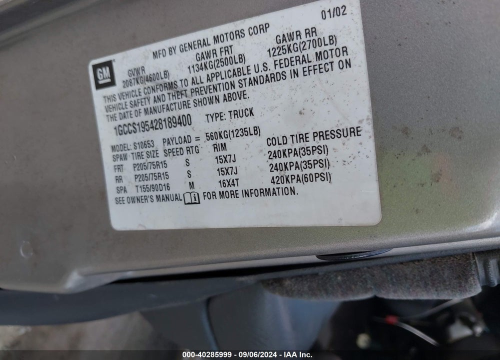 2002 CHEVROLET S-10 LS VIN: 1GCCS195428189400