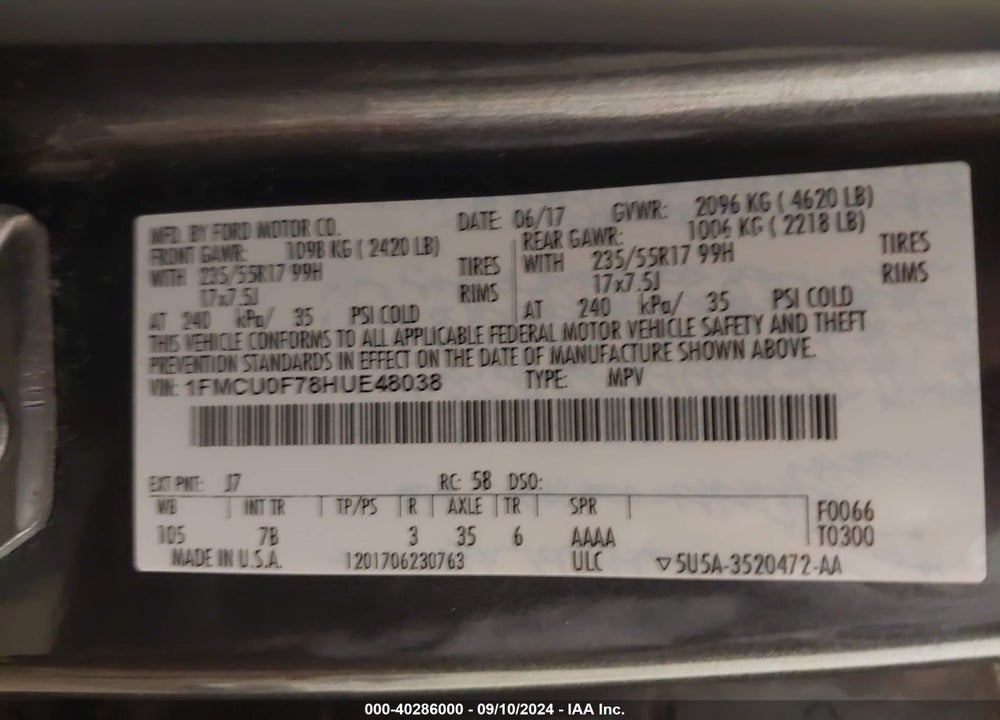 2017 FORD ESCAPE S VIN: 1FMCU0F78HUE48038