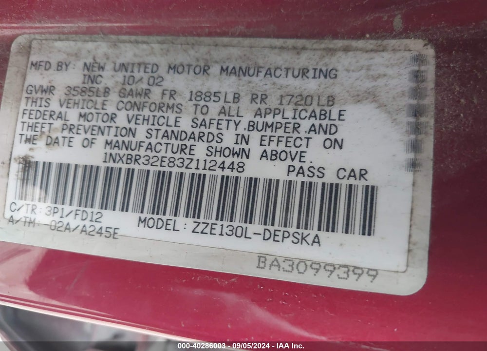 2003 TOYOTA COROLLA VIN: 1NXBR32E83Z112448