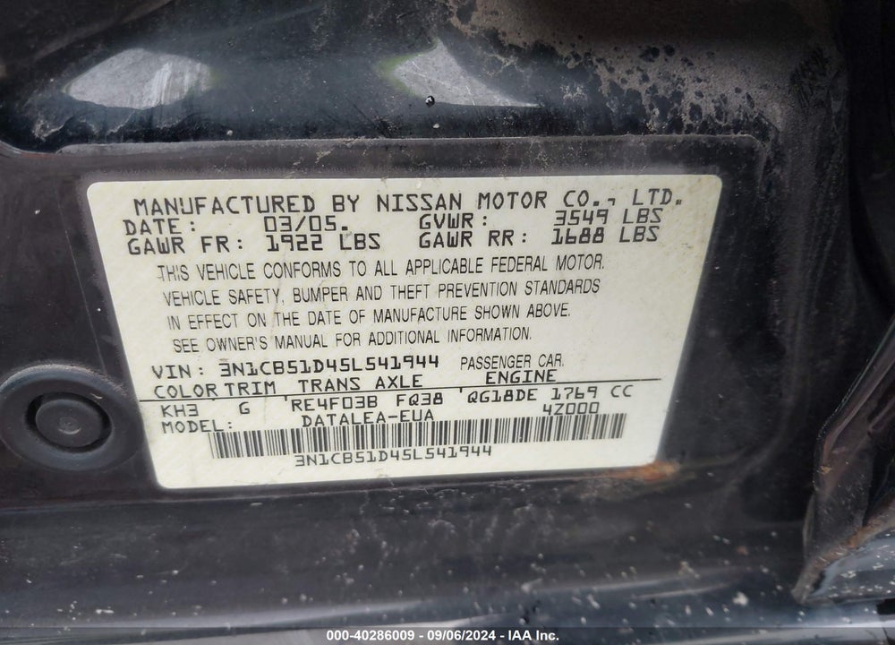 2005 NISSAN SENTRA 1.8S VIN: 3N1CB51D45L541944