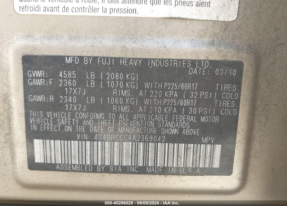 2010 SUBARU OUTBACK 2.5I PREMIUM VIN: 4S4BRCCC4A3369042