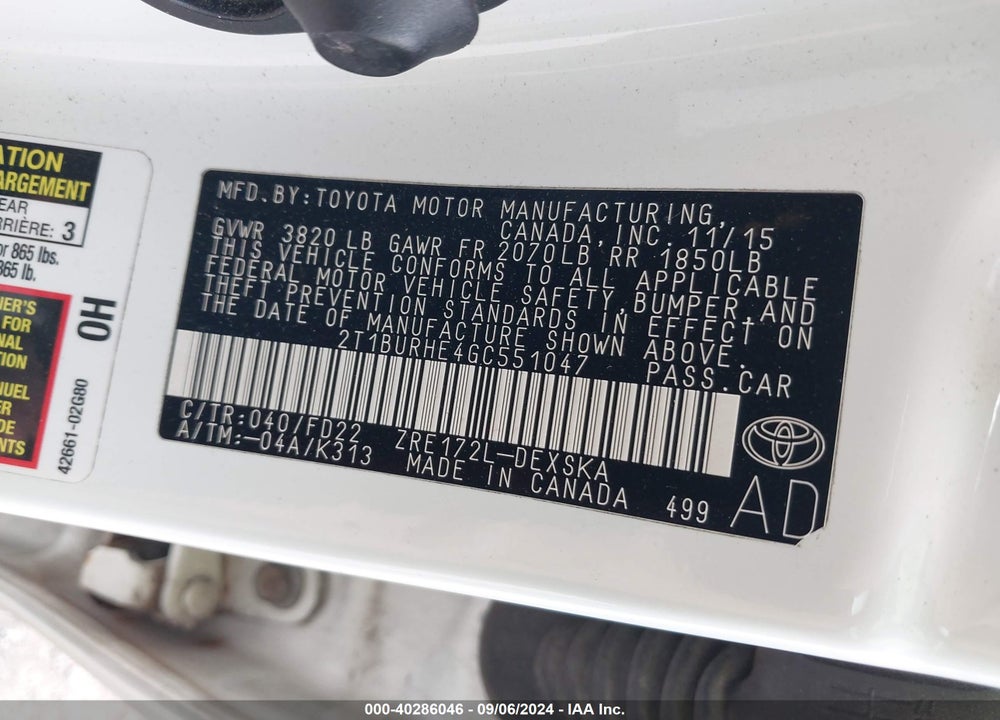 2016 TOYOTA COROLLA S PLUS VIN: 2T1BURHE4GC551047