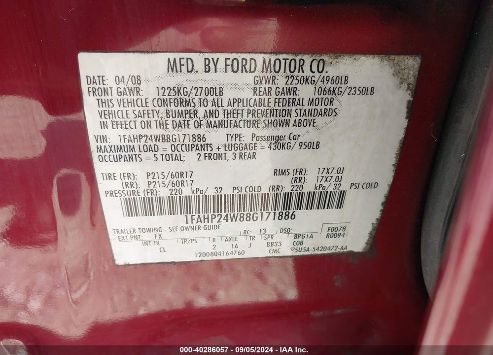 2008 FORD TAURUS SEL VIN: 1FAHP24W88G171886