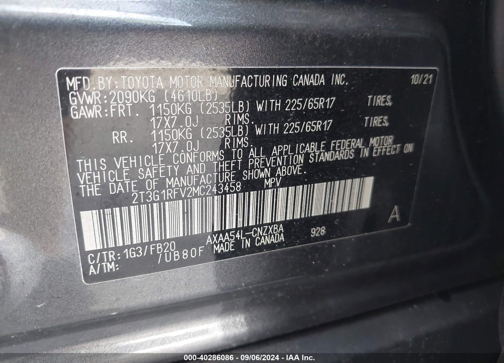 2021 TOYOTA RAV4 LE VIN: 2T3G1RFV2MC243458