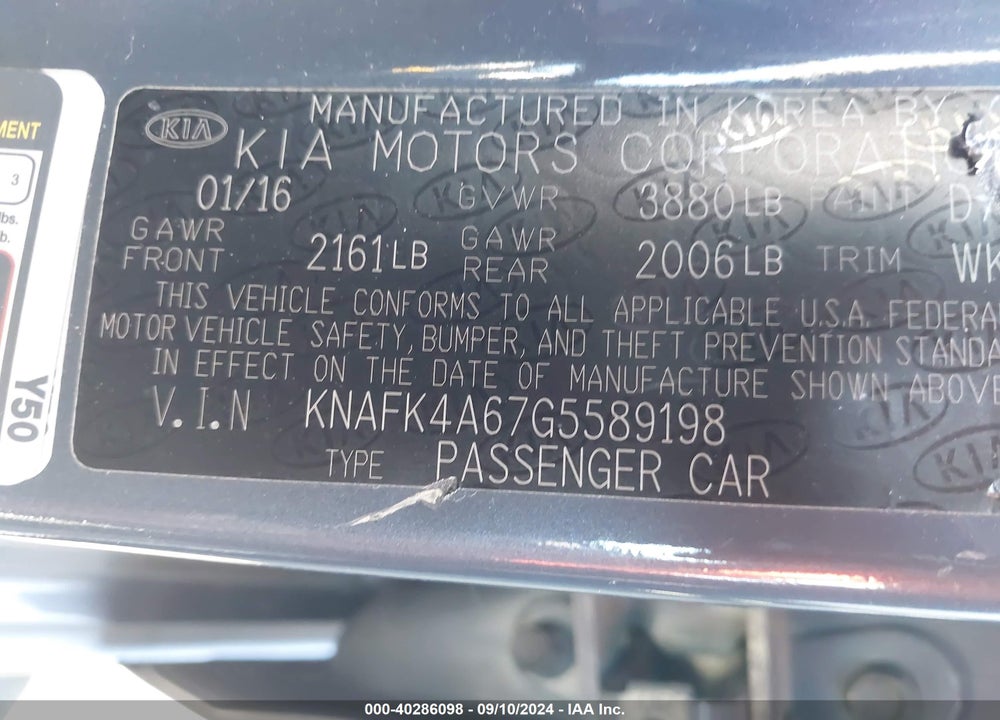 2016 KIA FORTE LX VIN: KNAFK4A67G5589198