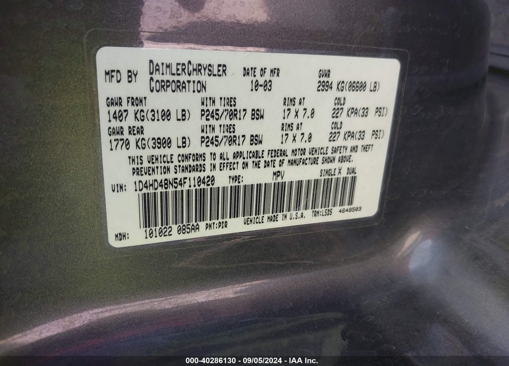2004 DODGE DURANGO SLT VIN: 1D4HD48N54F110420