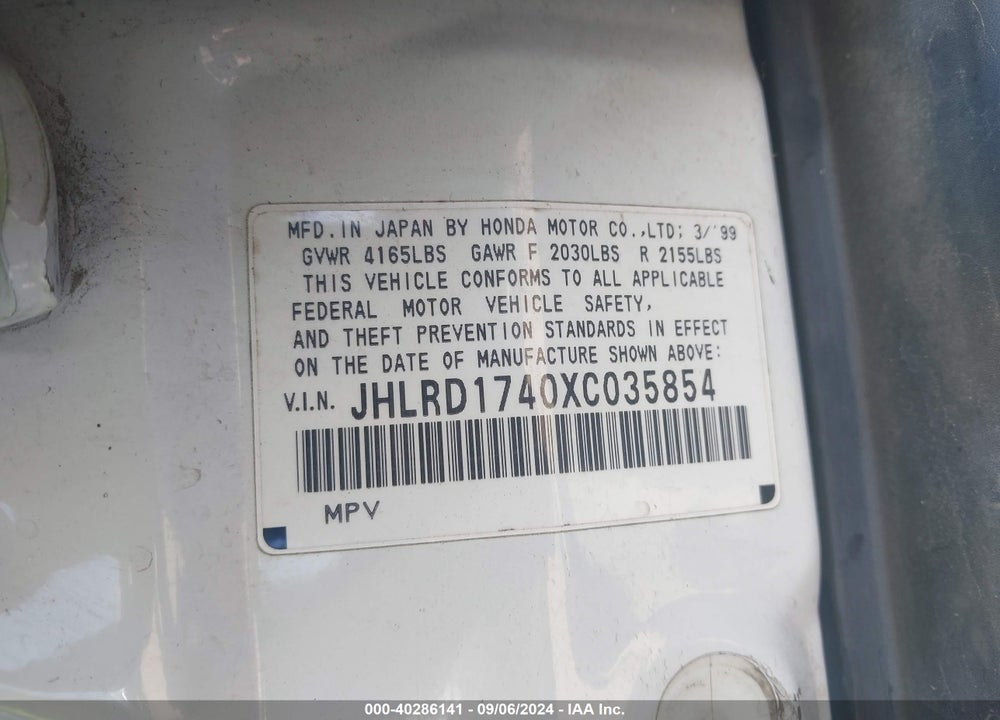 1999 HONDA CR-V LX VIN: JHLRD1740XC035854