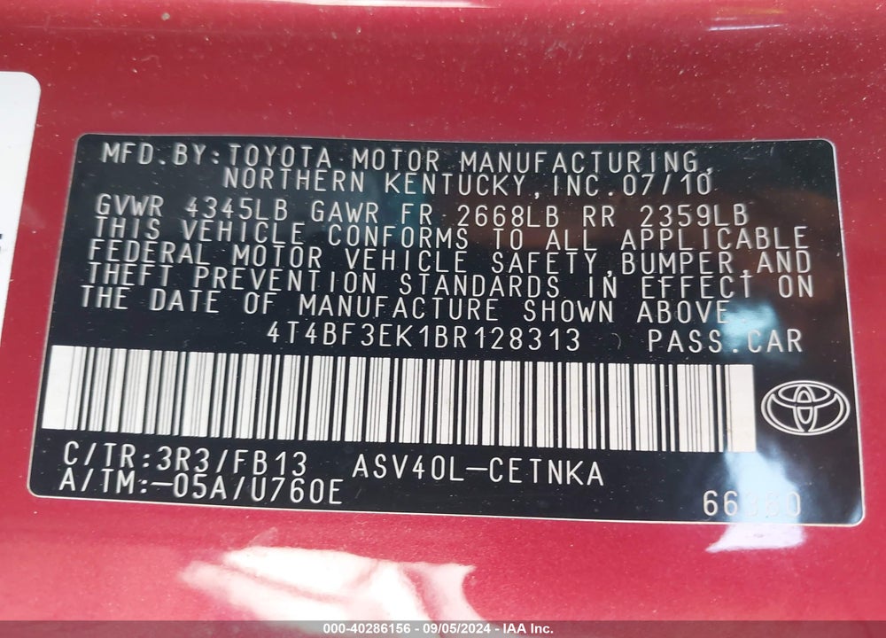 2011 TOYOTA CAMRY LE VIN: 4T4BF3EK1BR128313