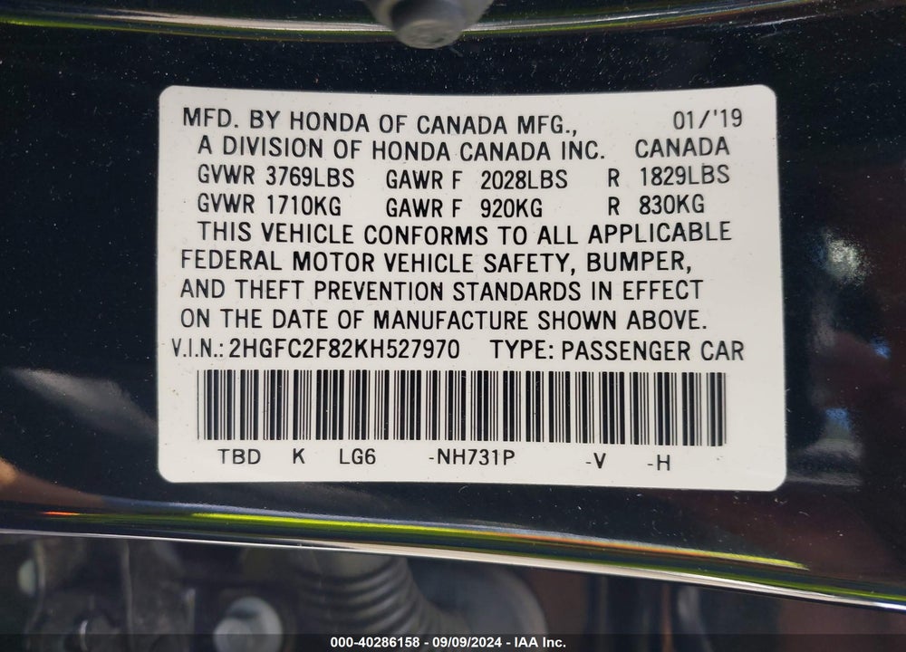 2019 HONDA CIVIC SPORT VIN: 2HGFC2F82KH527970