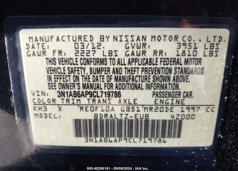 2012 NISSAN SENTRA 2.0 S VIN: 3N1AB6AP9CL719786