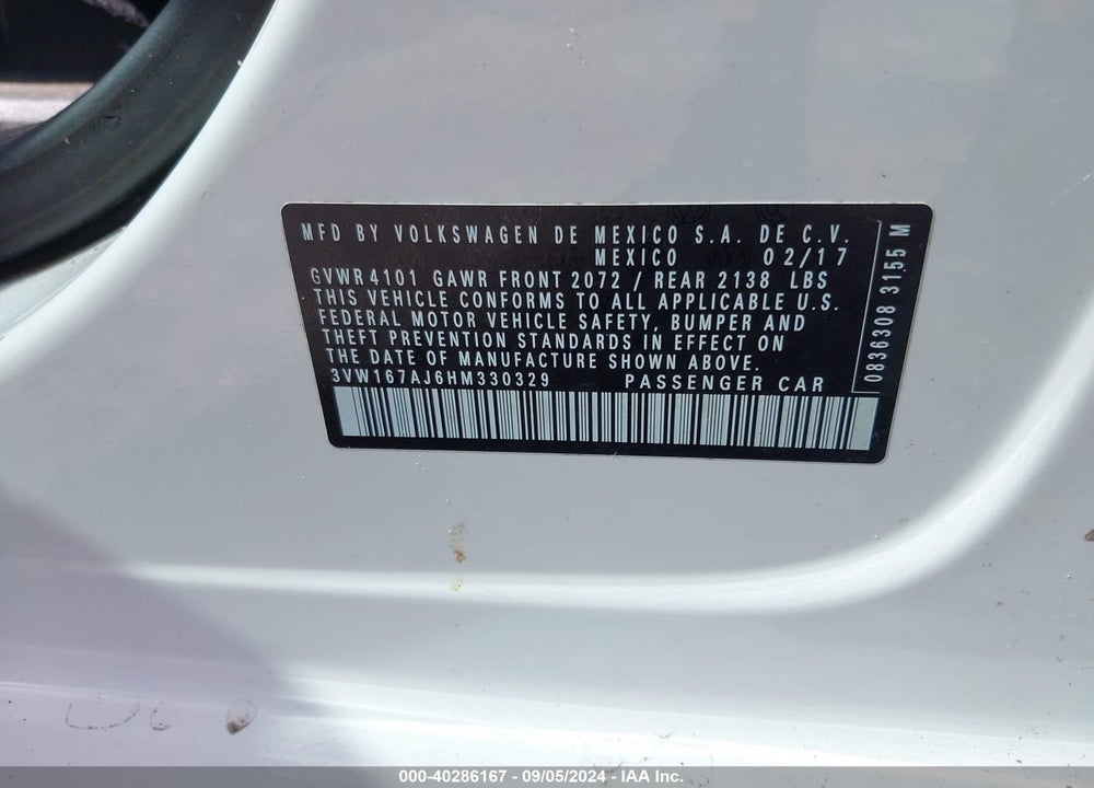 2017 VOLKSWAGEN JETTA 1.4T S VIN: 3VW167AJ6HM330329