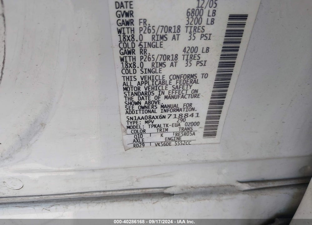 2006 NISSAN ARMADA SE VIN: 5N1AA08AX6N718841