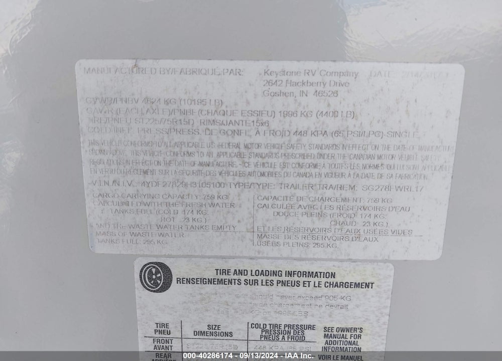 2017 KEYSTONE OTHER VIN: 4YDF27829H3105100