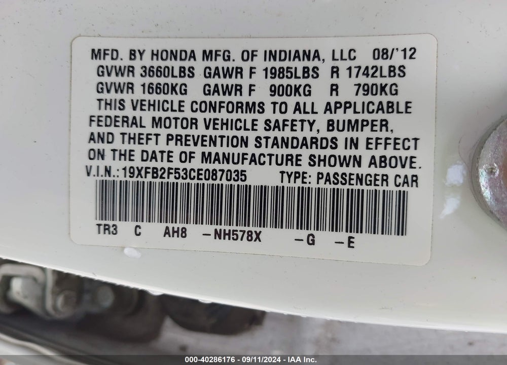 2012 HONDA CIVIC LX VIN: 19XFB2F53CE087035