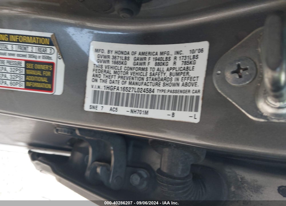 2007 HONDA CIVIC LX VIN: 1HGFA16527L024584