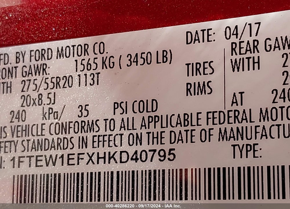 2017 FORD F-150 XLT VIN: 1FTEW1EFXHKD40795