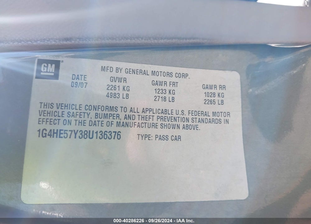 2008 BUICK LUCERNE CXS VIN: 1G4HE57Y38U136376