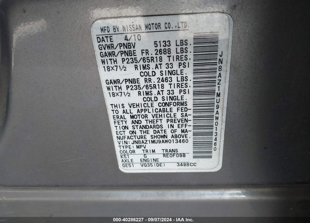 2010 NISSAN MURANO S VIN: JN8AZ1MU9AW013460