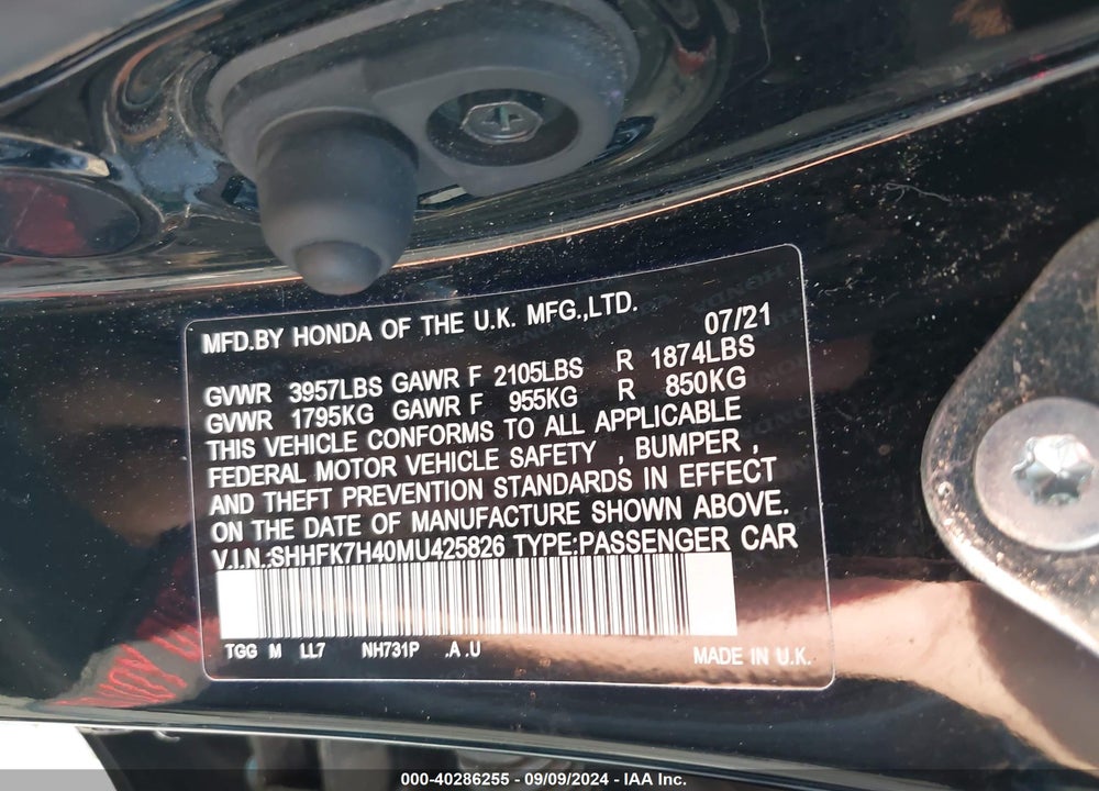 2021 HONDA CIVIC SPORT VIN: SHHFK7H40MU425826