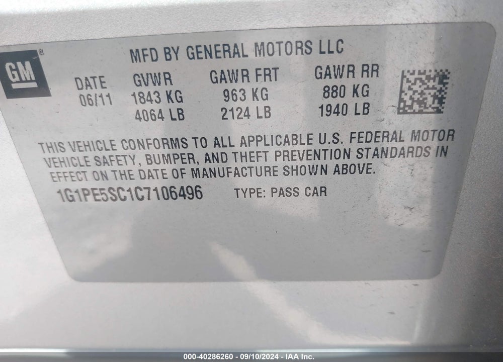 2012 CHEVROLET CRUZE LT VIN: 1G1PE5SC1C7106496