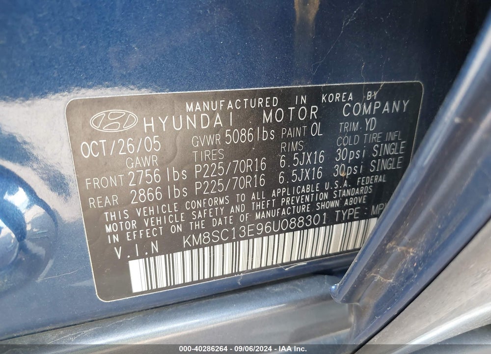2006 HYUNDAI SANTA FE GLS/LIMITED VIN: KM8SC13E96U088301