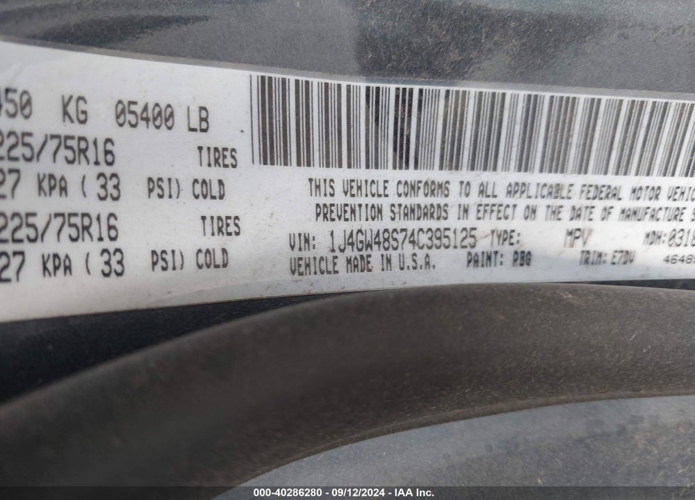 2004 JEEP GRAND CHEROKEE LAREDO VIN: 1J4GW48S74C395125