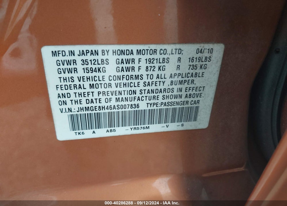 2010 HONDA FIT SPORT VIN: JHMGE8H46AS007836