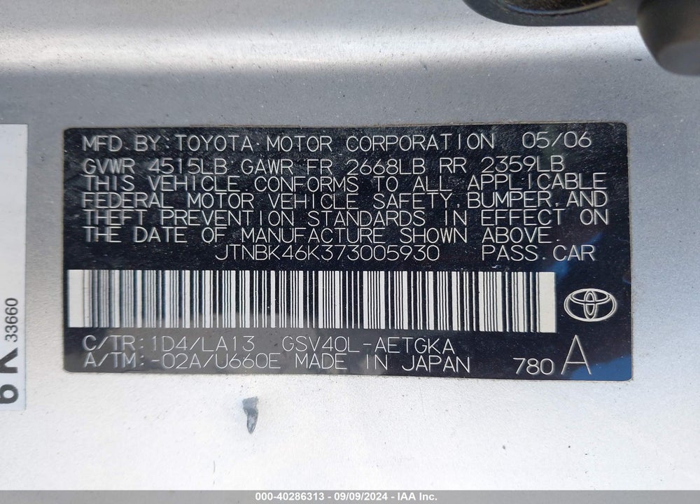 2007 TOYOTA CAMRY XLE V6 VIN: JTNBK46K373005930