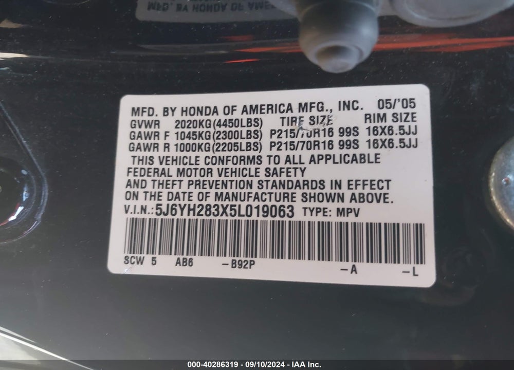 2005 HONDA ELEMENT LX VIN: 5J6YH283X5L019063