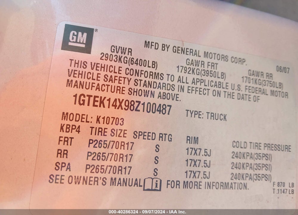2008 GMC SIERRA 1500 WORK TRUCK VIN: 1GTEK14X98Z100487