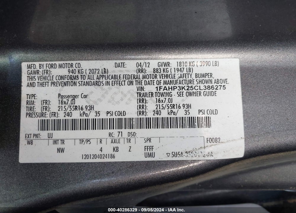 2012 FORD FOCUS SE VIN: 1FAHP3K25CL386275