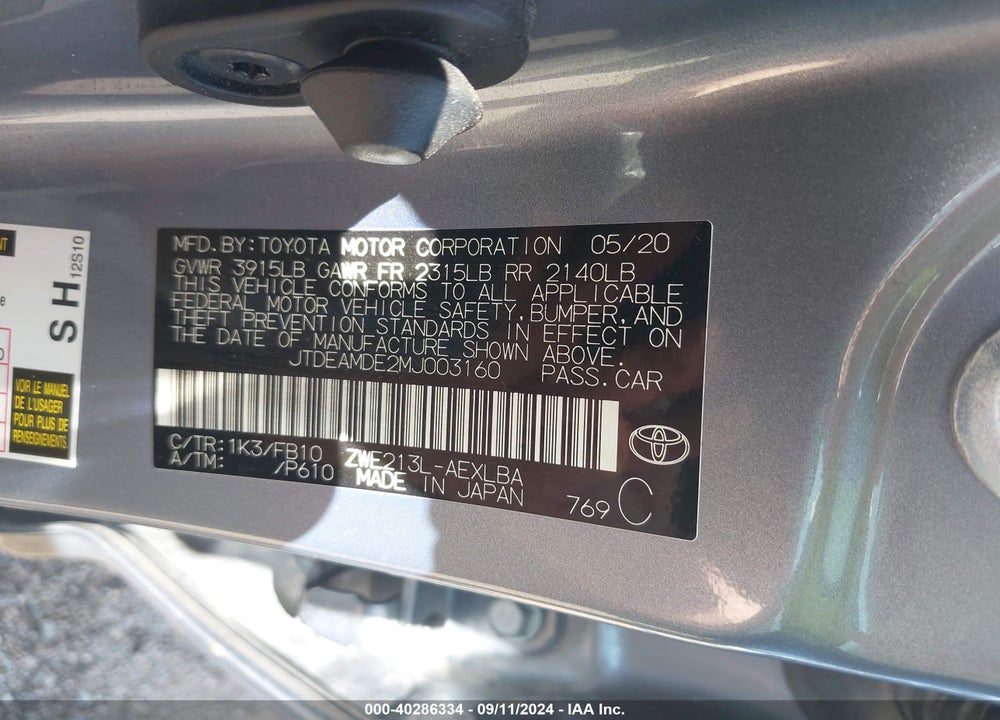 2021 TOYOTA COROLLA HYBRID LE VIN: JTDEAMDE2MJ003160