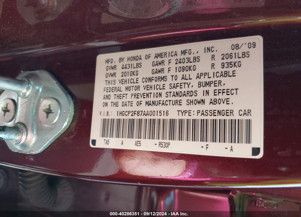 2010 HONDA ACCORD 2.4 EX-L VIN: 1HGCP2F87AA001516