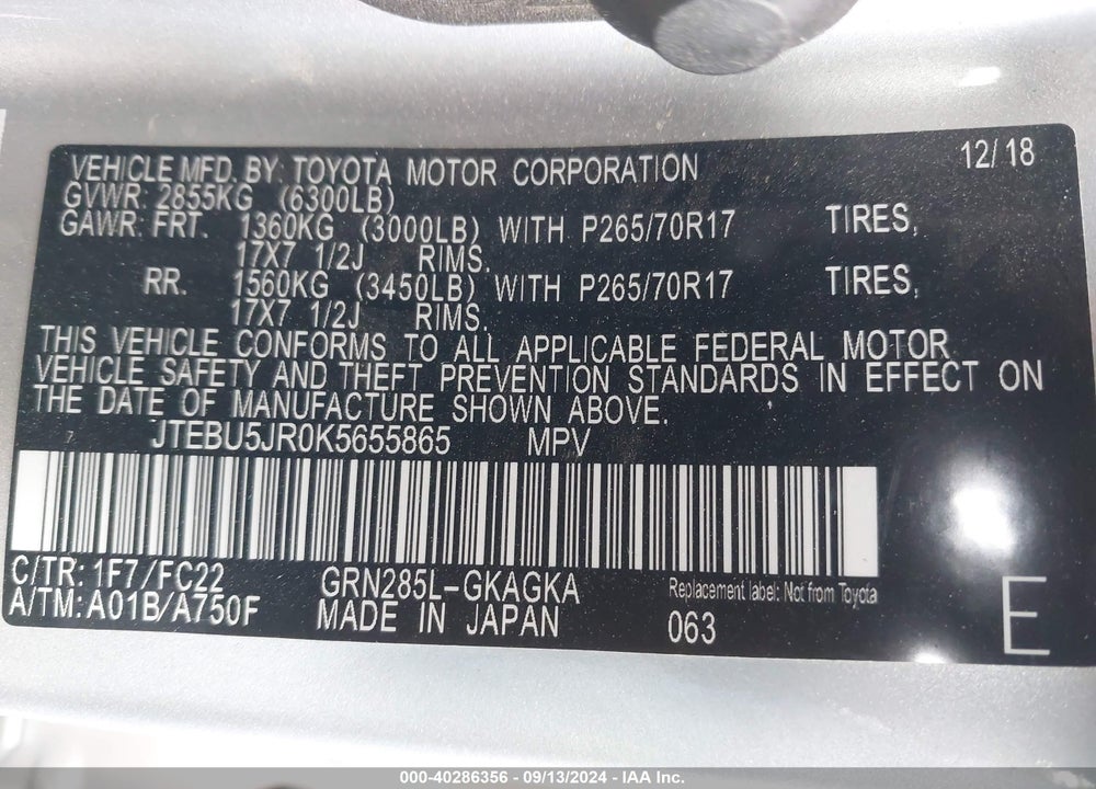 2019 TOYOTA 4RUNNER TRD OFF ROAD VIN: JTEBU5JR0K5655865