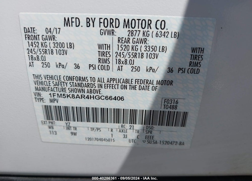 2017 FORD UTILITY POLICE INTERCEPTOR VIN: 1FM5K8AR4HGC66406