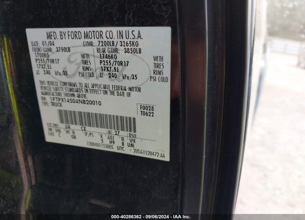 2004 FORD F-150 FX4/LARIAT/XL/XLT VIN: 1FTPX14504NB20010