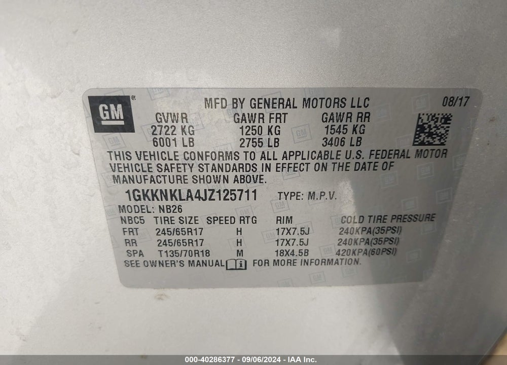2018 GMC ACADIA SLE-1 VIN: 1GKKNKLA4JZ125711