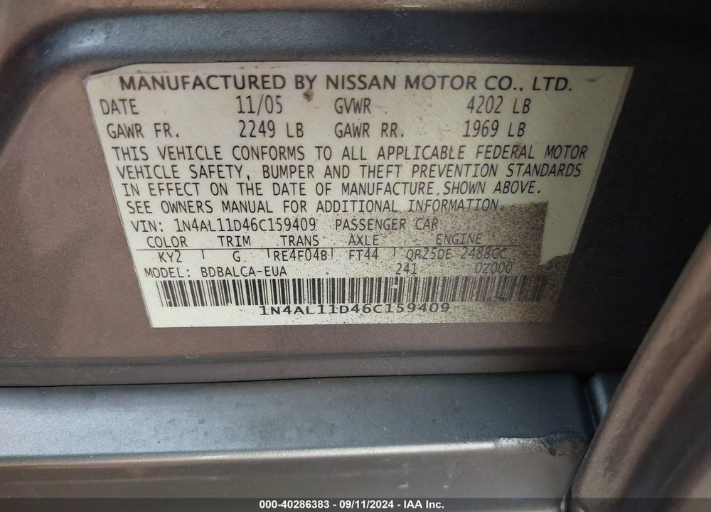 2006 NISSAN ALTIMA 2.5 S VIN: 1N4AL11D46C159409