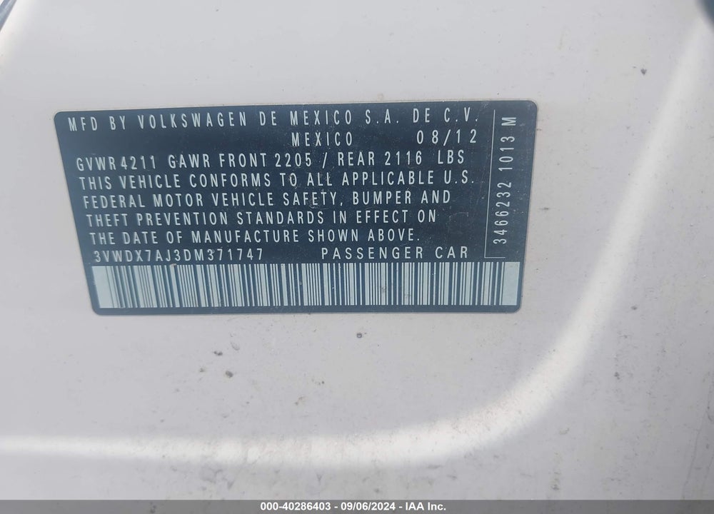 2013 VOLKSWAGEN JETTA SE VIN: 3VWDX7AJ3DM371747