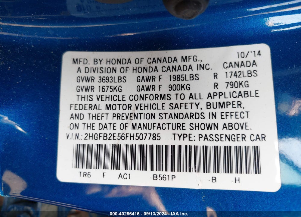 2015 HONDA CIVIC LX VIN: 2HGFB2E56FH507785
