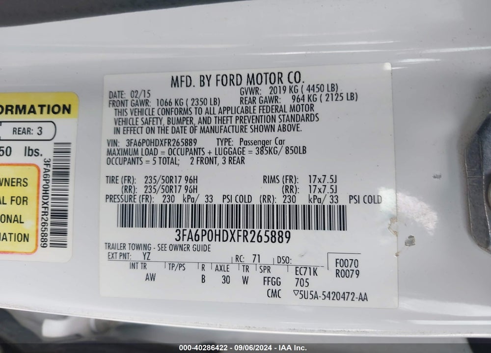 2015 FORD FUSION SE VIN: 3FA6P0HDXFR265889