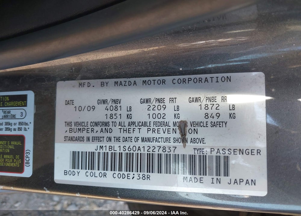 2010 MAZDA 3 S SPORT VIN: JM1BL1S60A1227837