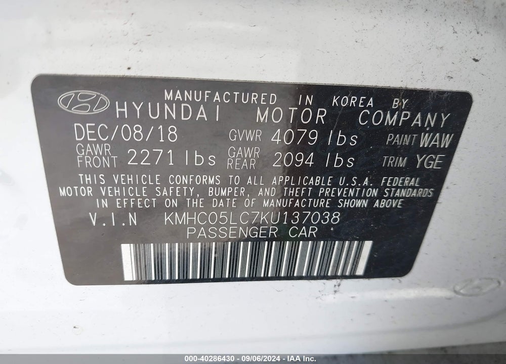 2019 HYUNDAI IONIQ HYBRID LIMITED VIN: KMHC05LC7KU137038
