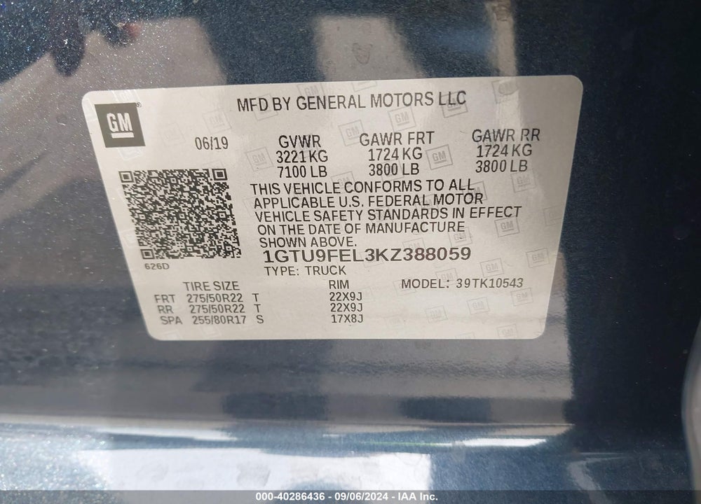 2019 GMC SIERRA 1500 DENALI VIN: 1GTU9FEL3KZ388059