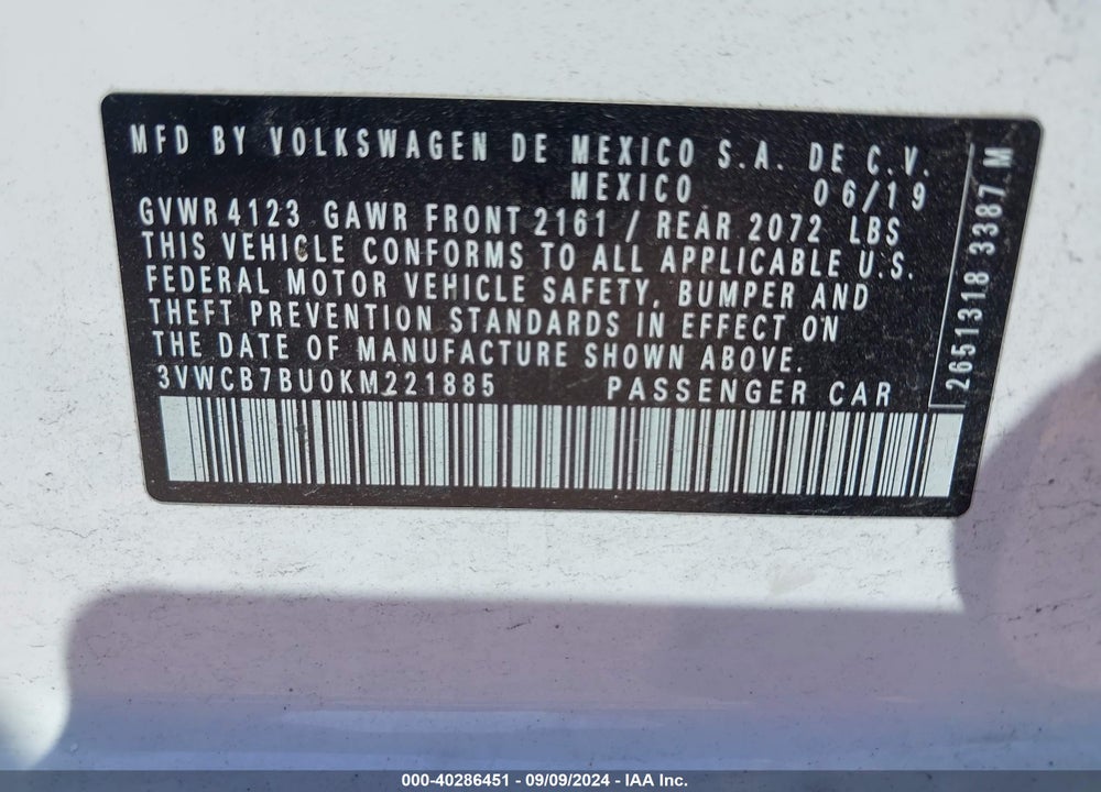 2019 VOLKSWAGEN JETTA VIN: 3VWCB7BU0KM221885