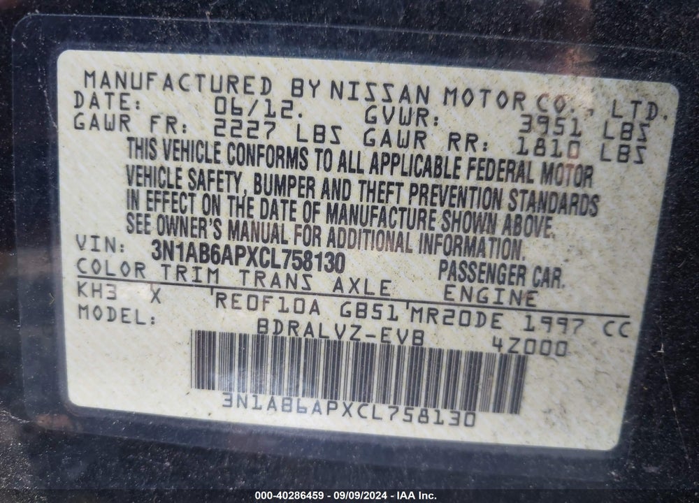 2012 NISSAN SENTRA VIN: 3N1AB6APXCL758130