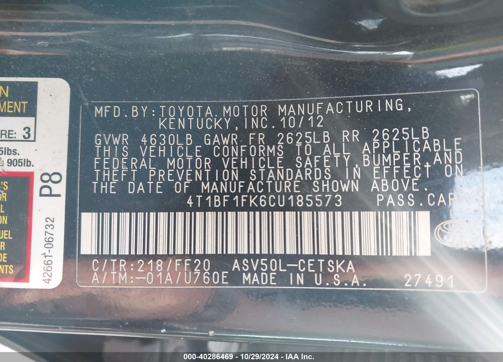 2012 TOYOTA CAMRY SE LIMITED EDITION VIN: 4T1BF1FK6CU185573