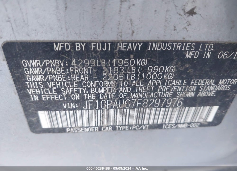 2015 SUBARU IMPREZA 2.0I SPORT PREMIUM VIN: JF1GPAU67F8297976